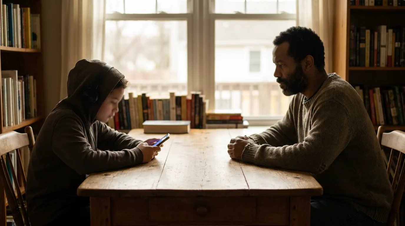 A parent and a pre-teen sitting at opposite ends of a kitchen table, a quiet sense of emotional distance between them