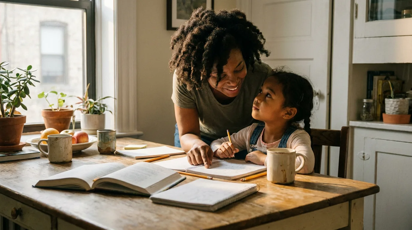 A parent helping a child with homework at a kitchen table in warm daylight