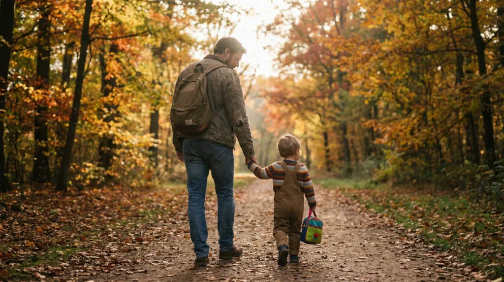 A parent and child walking together outdoors holding hands in soft daylight, calm and connected