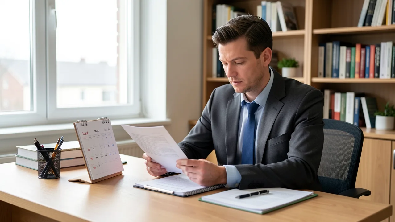 A professional reviewing documents and a calendar at a desk in a calm office in soft daylight