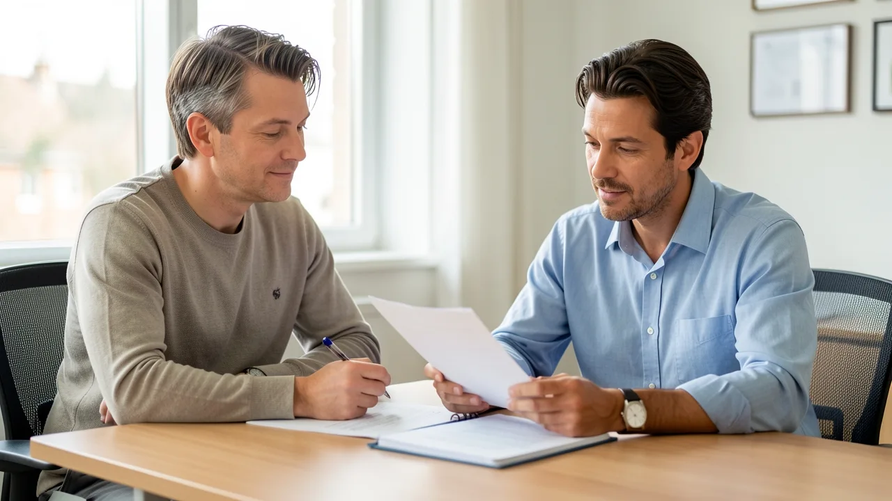 A parent reviewing paperwork with a professional across a desk in a calm office
