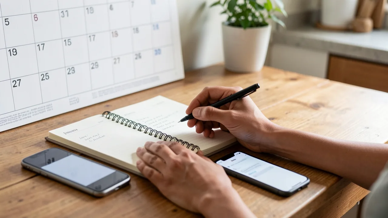 Hands noting dates on a calendar and notebook beside a phone, documenting missed exchanges