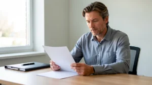 A parent at a desk reviewing an official court document, composed and attentive in daylight