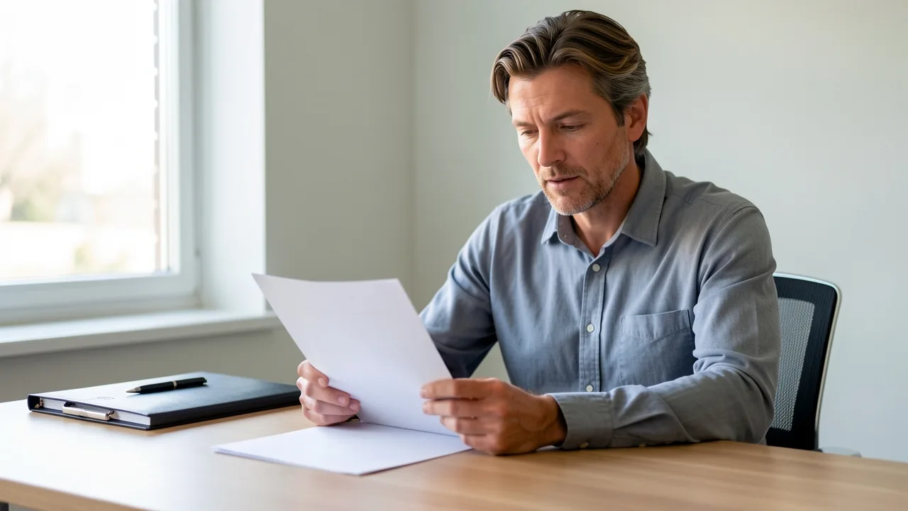 A parent at a desk reviewing an official court document, composed and attentive in daylight