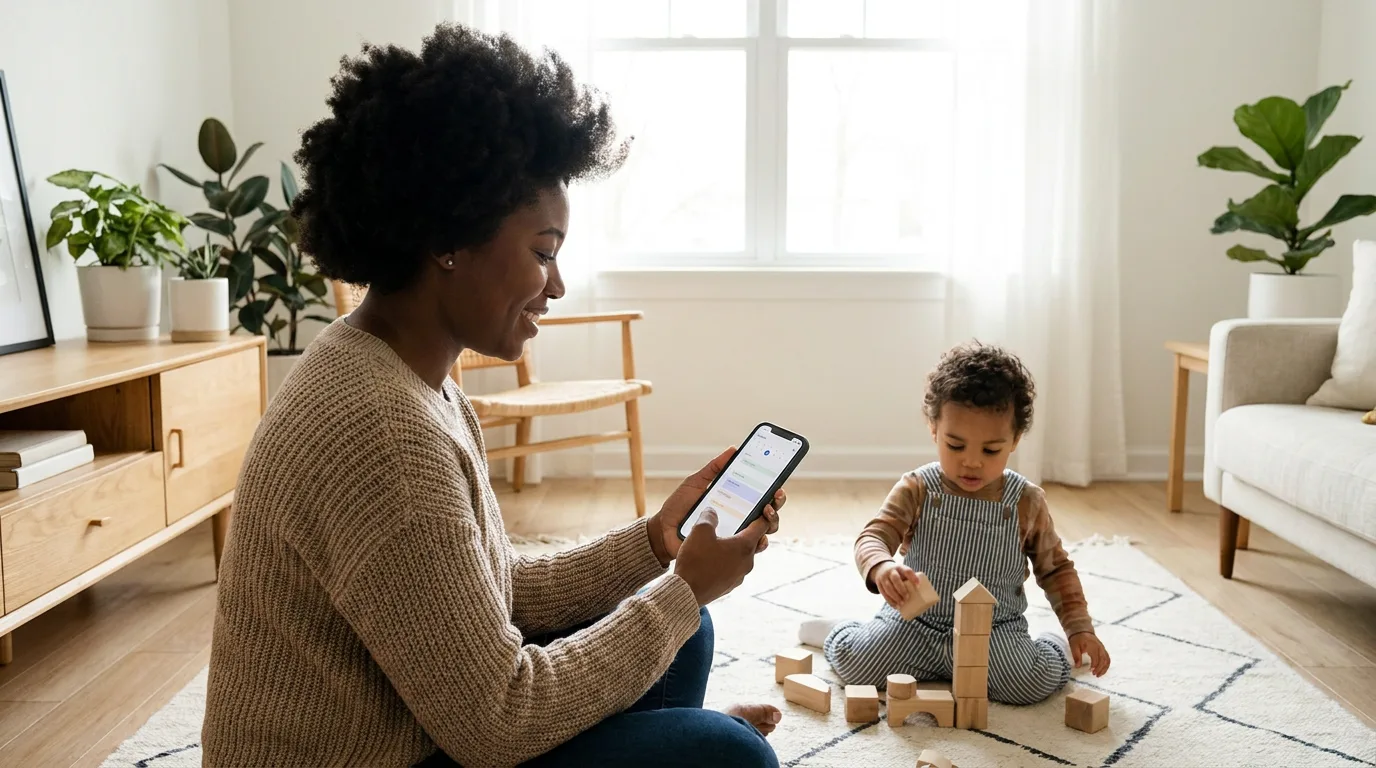 A parent checking a phone calendar while a child plays nearby in a bright living room
