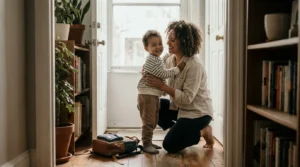 A parent welcoming a child at the front door of a home in warm daylight, calm and unhurried
