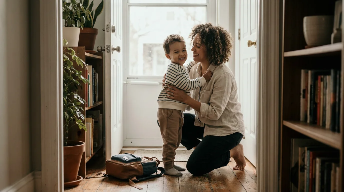 A parent welcoming a child at the front door of a home in warm daylight, calm and unhurried