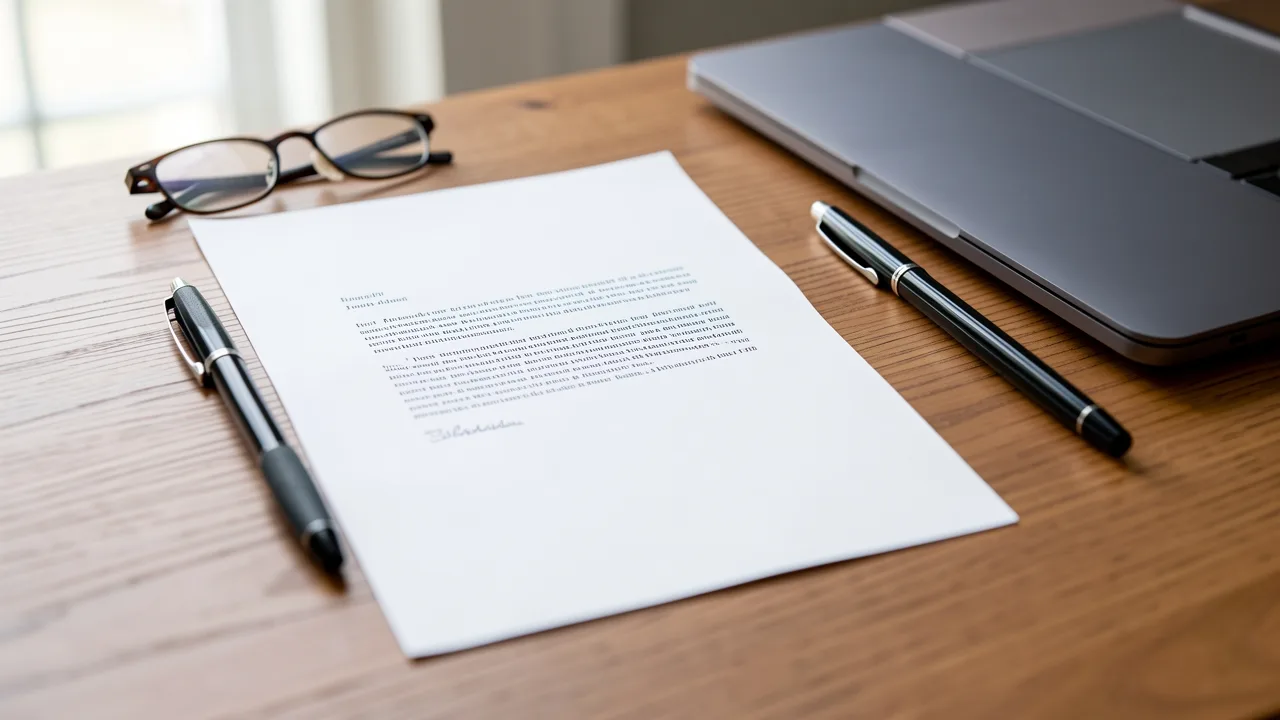 A typed one-page letter on a desk beside a pen and reading glasses in soft daylight