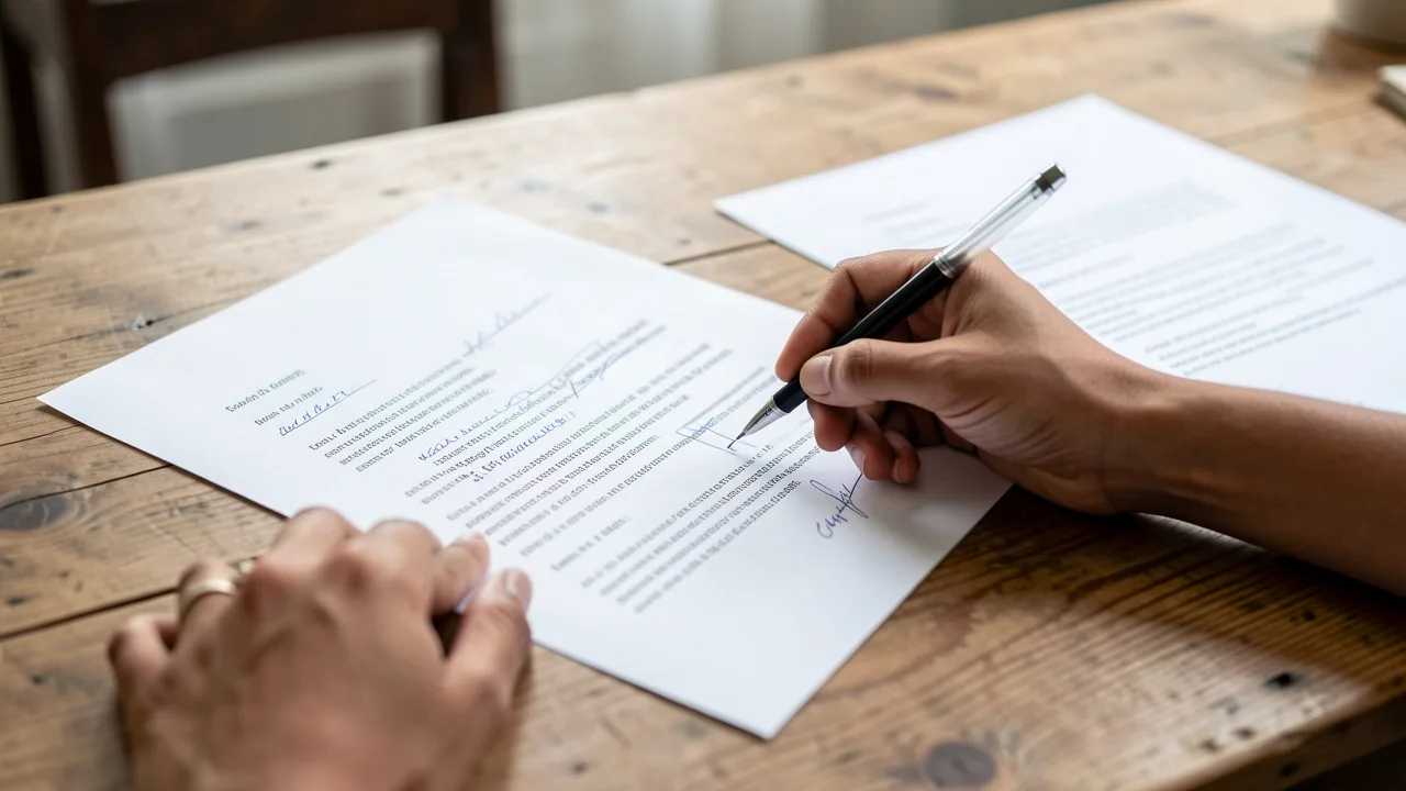 Hands marking edits on a printed letter with a pen beside a clean second draft