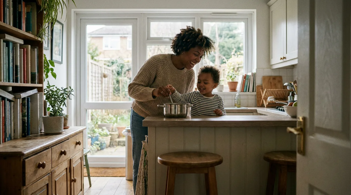A stepparent and child doing an everyday activity together at home in soft daylight