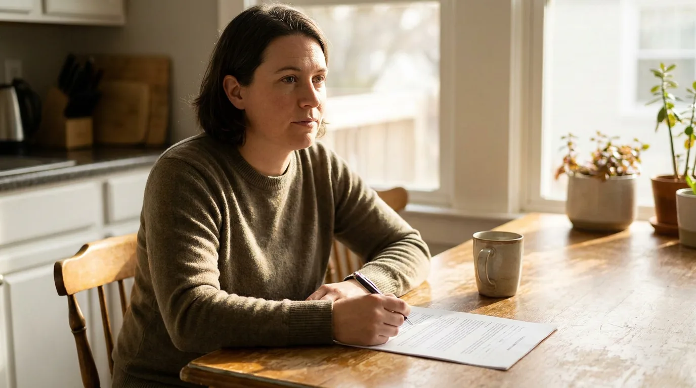 A parent sitting at a kitchen table reviewing a legal form with a pen, thoughtful and composed in soft daylight