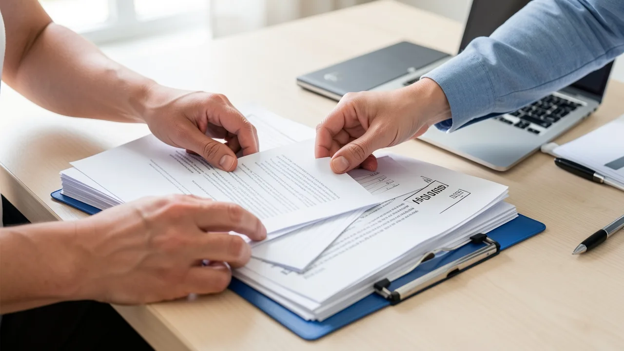 Hands organizing a tidy stack of documents and a labeled folder on a desk, careful record-keeping