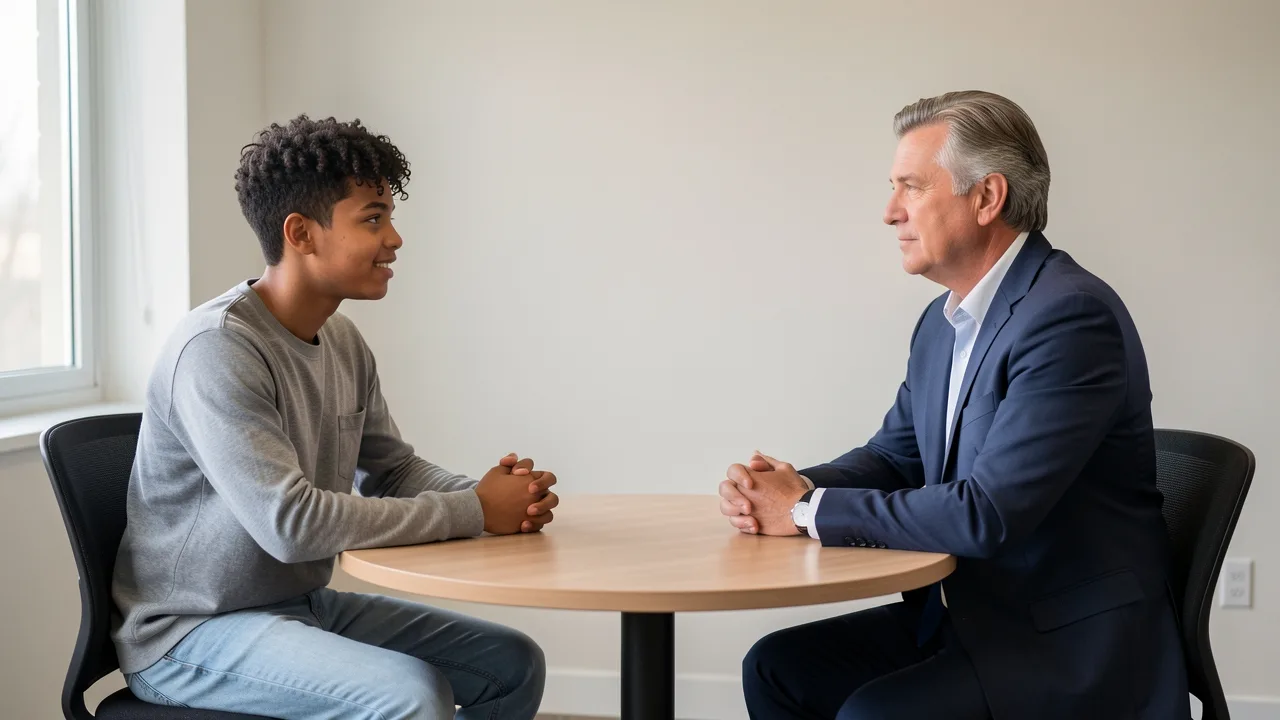 A teenager talking with a professional adult across a table in a quiet office