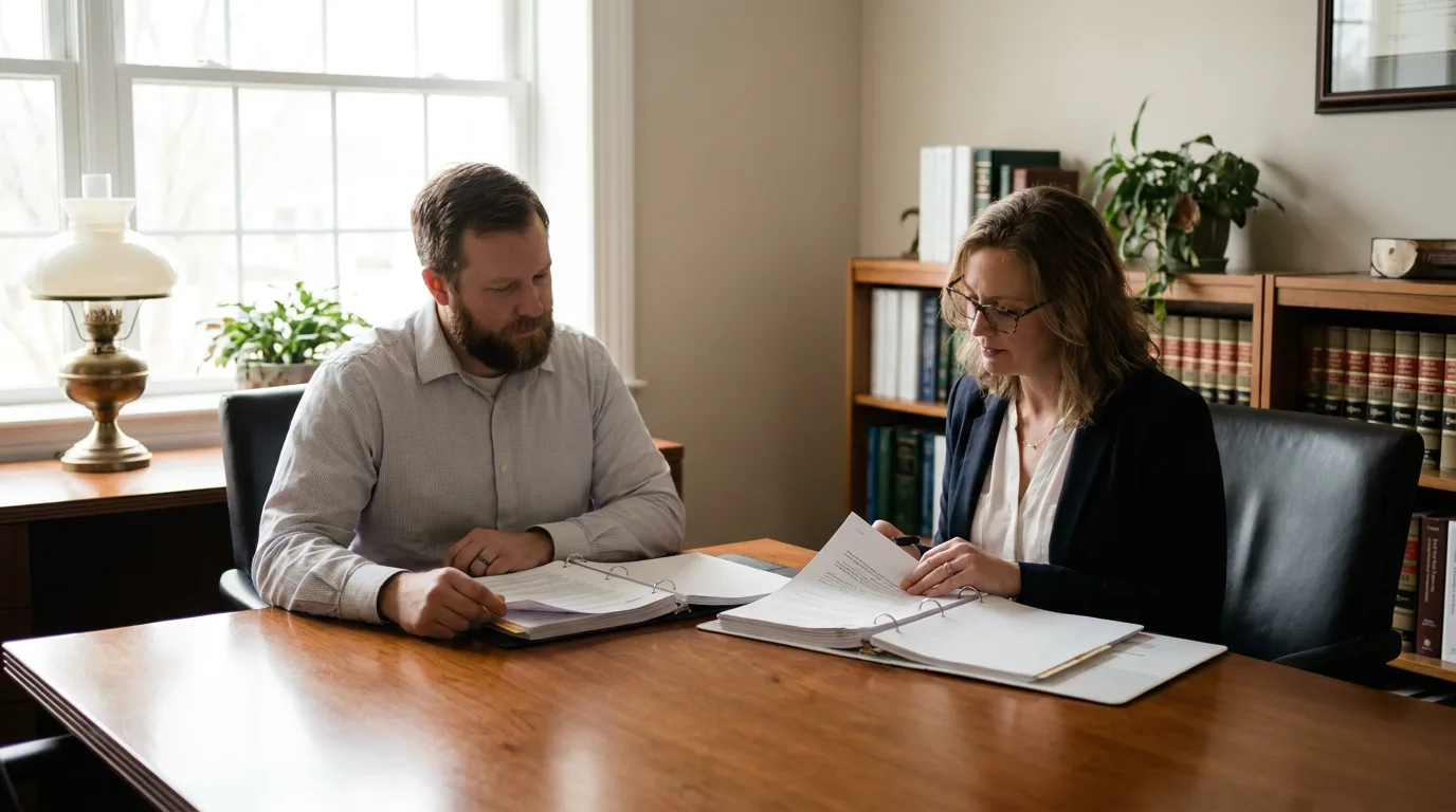 A parent and a lawyer reviewing legal documents across a desk in a quiet office in soft daylight
