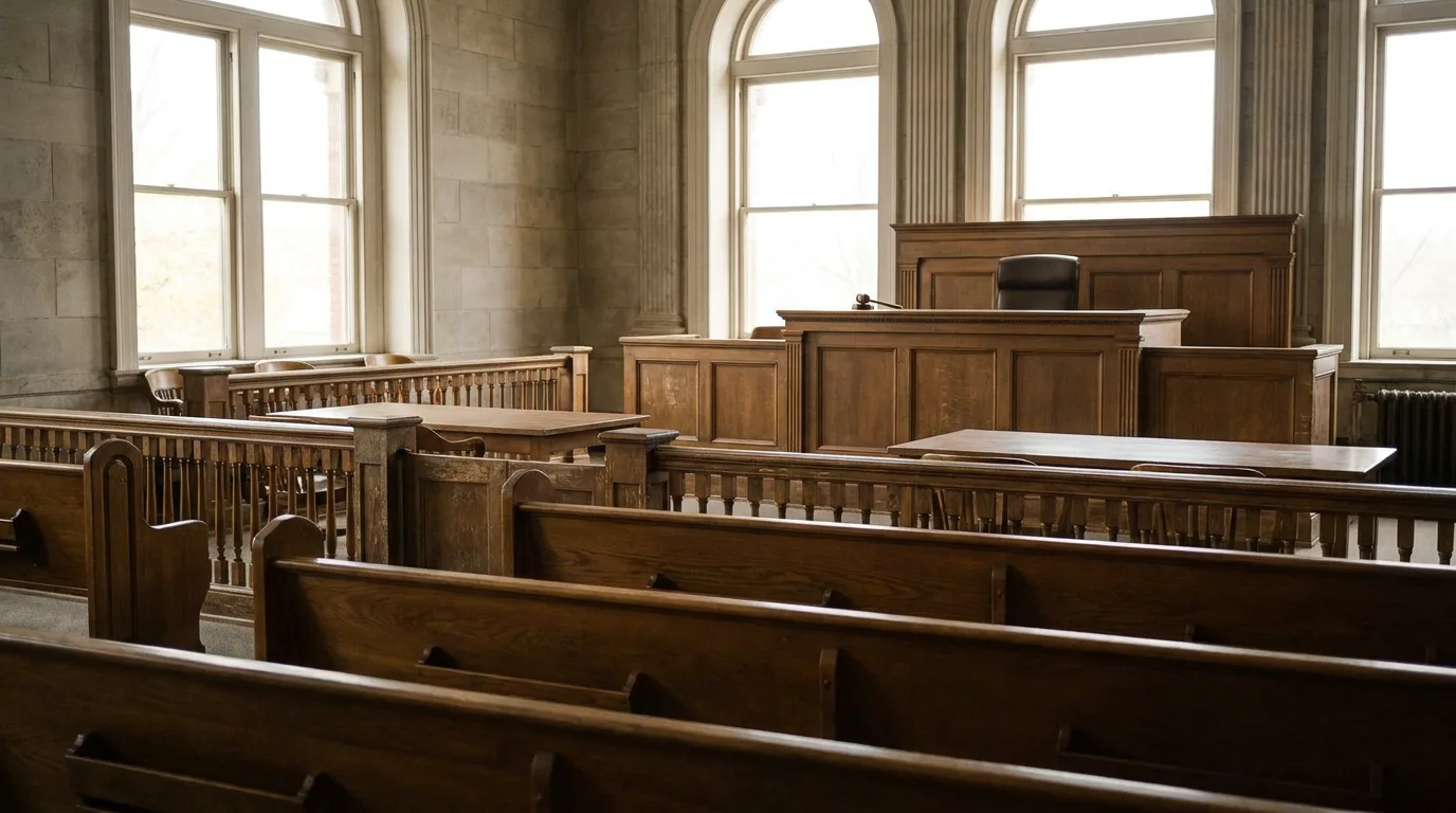 A calm, empty family courtroom with wooden benches and soft daylight from tall windows