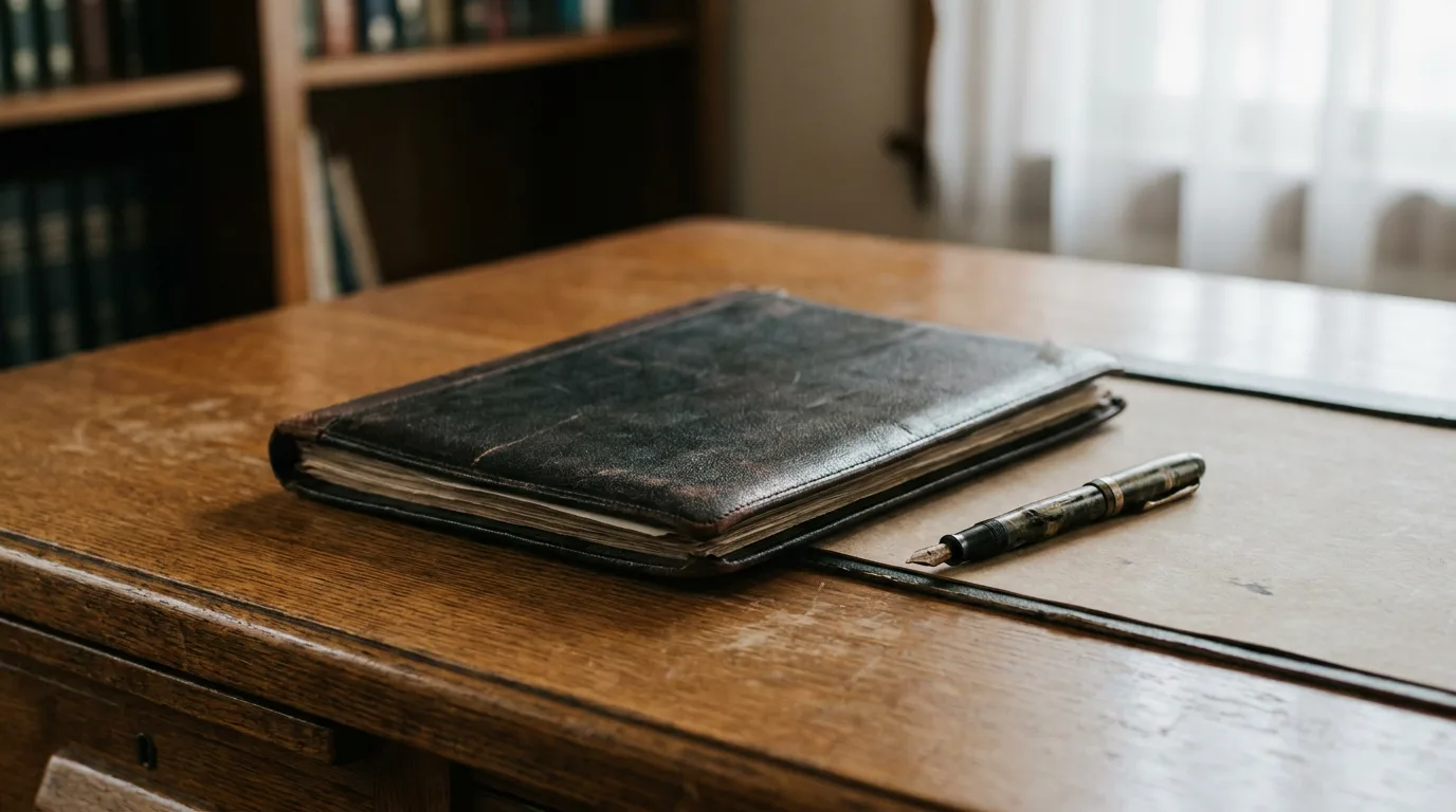 A closed legal folder and a fountain pen resting on a wooden desk in soft daylight