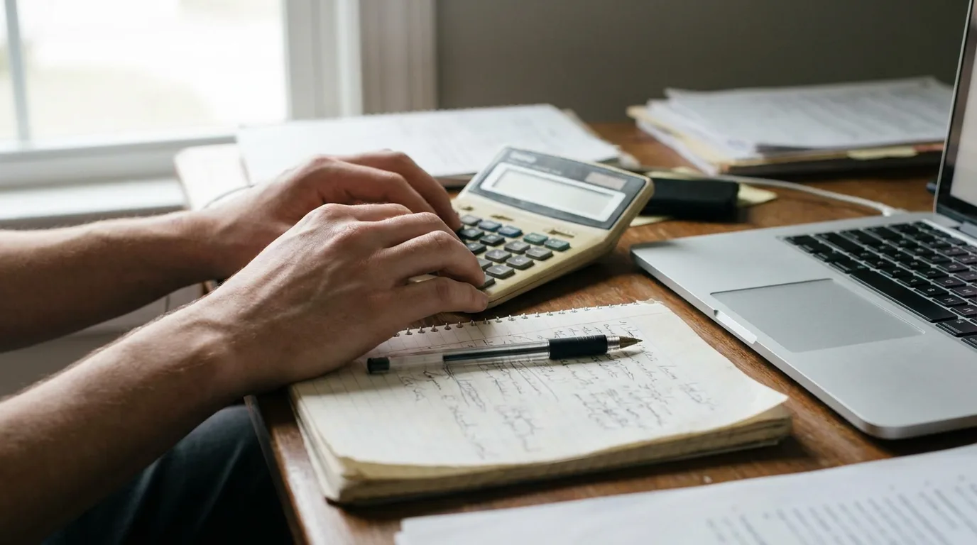Hands using a calculator and notebook beside a laptop while working out figures