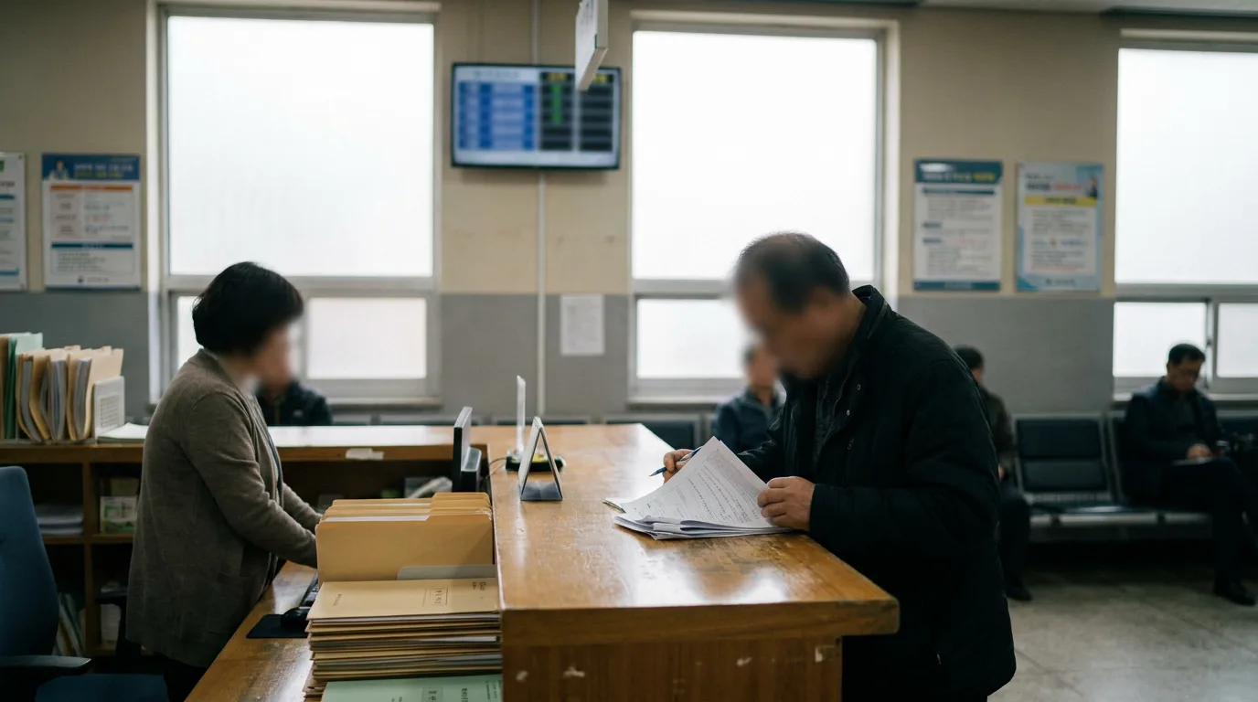 A person filing paperwork at a government office service counter