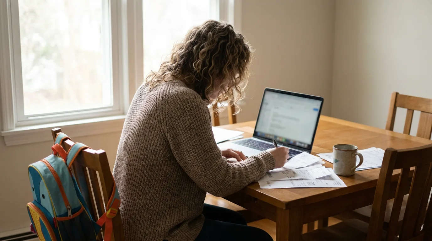 A parent reviewing household bills and a laptop at a dining table in soft daylight