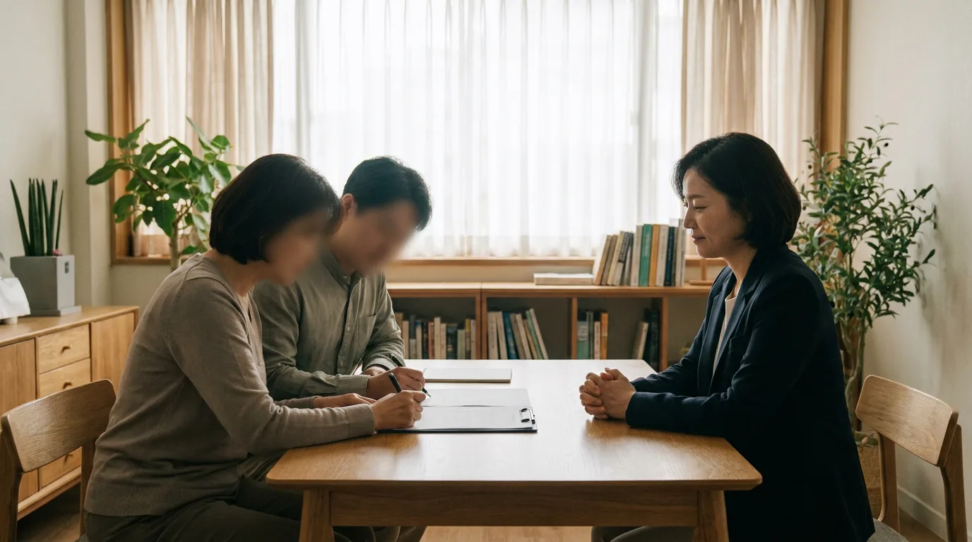 Two parents signing an agreement across a table from a mediator in a calm office