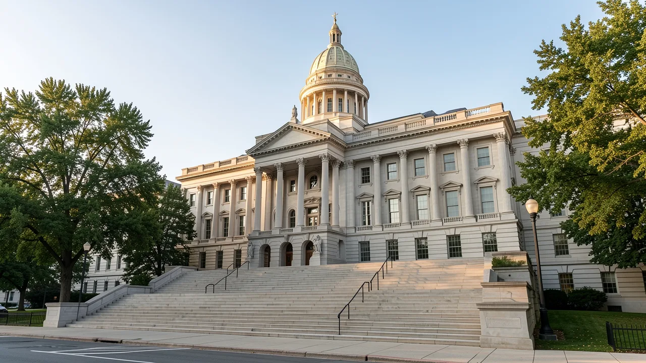 A classical American state capitol building on a clear morning