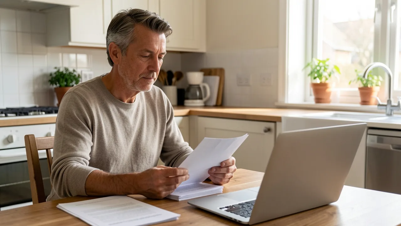 A parent reading printed court documents beside a laptop at a kitchen table in morning light