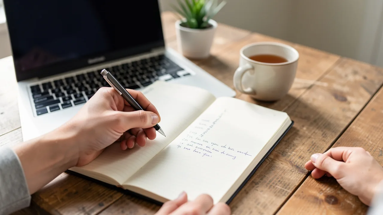 An adult's hands taking notes beside a laptop while researching custody rules