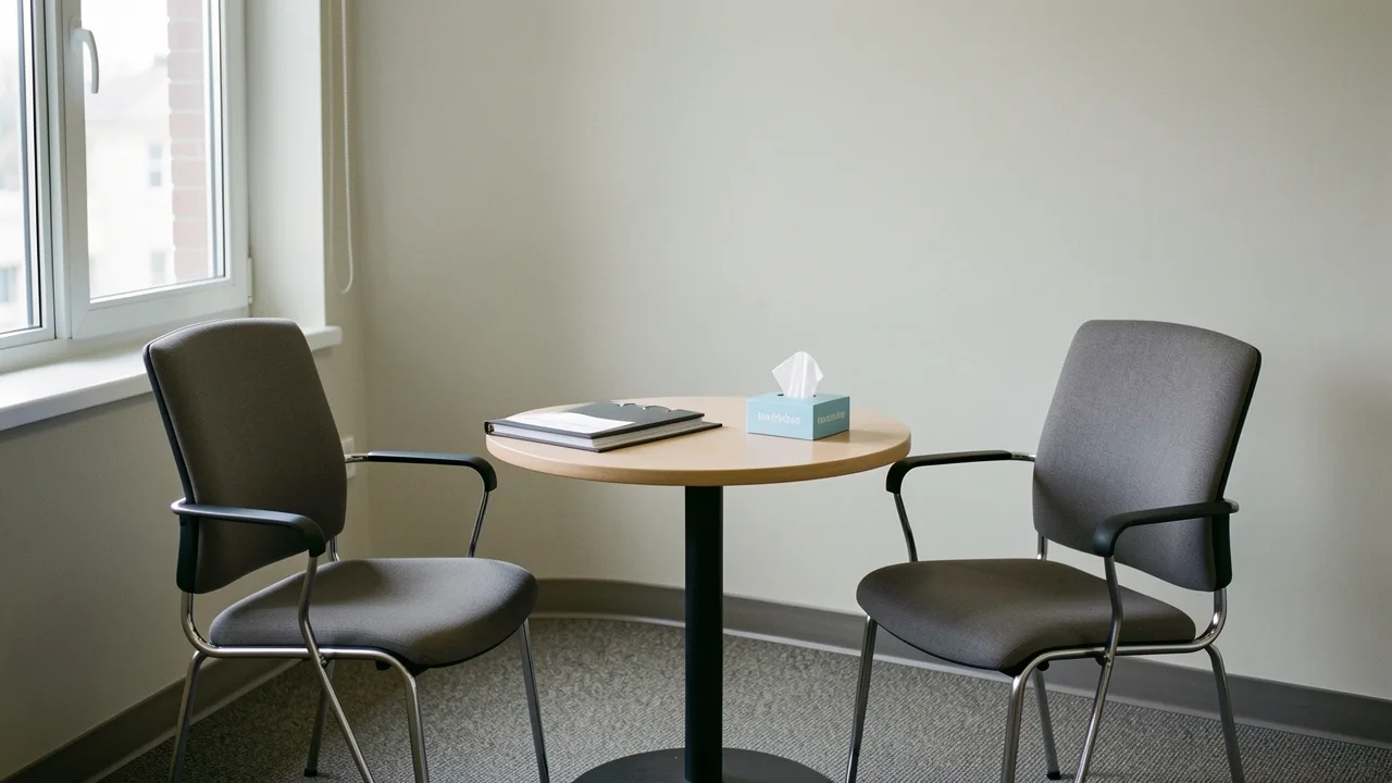 Two empty chairs facing each other across a small table in a quiet neutral office
