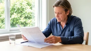 A parent reading a parenting plan document at a table near a window in warm daylight