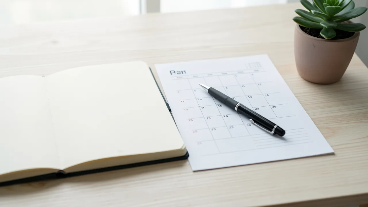 An open notebook beside a printed calendar page and pen on a wooden desk