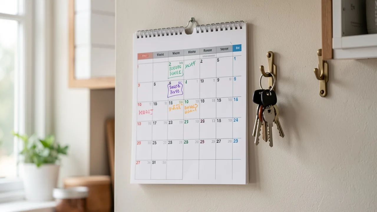 A wall calendar with dates marked in colored pen beside house keys on a hook