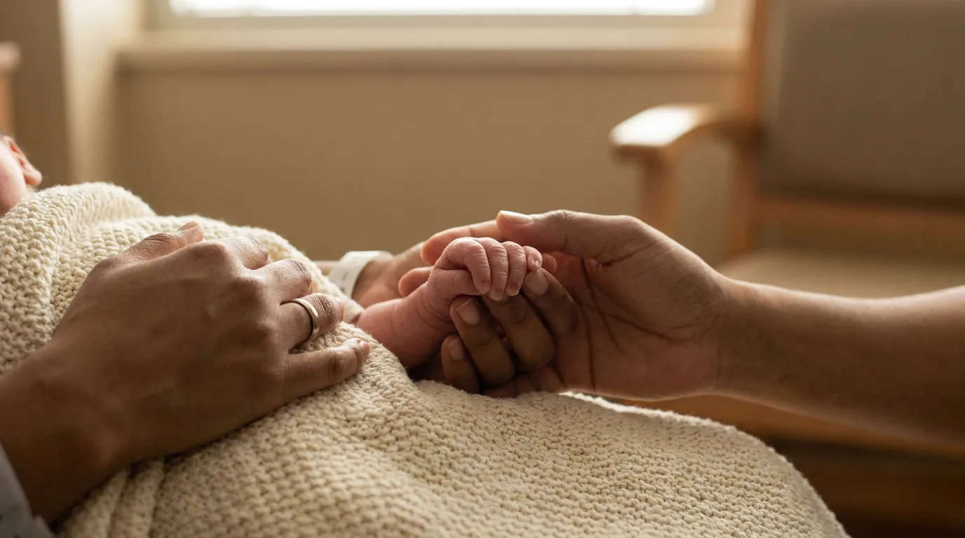 A parent's hands cradling a newborn's hand on a soft blanket
