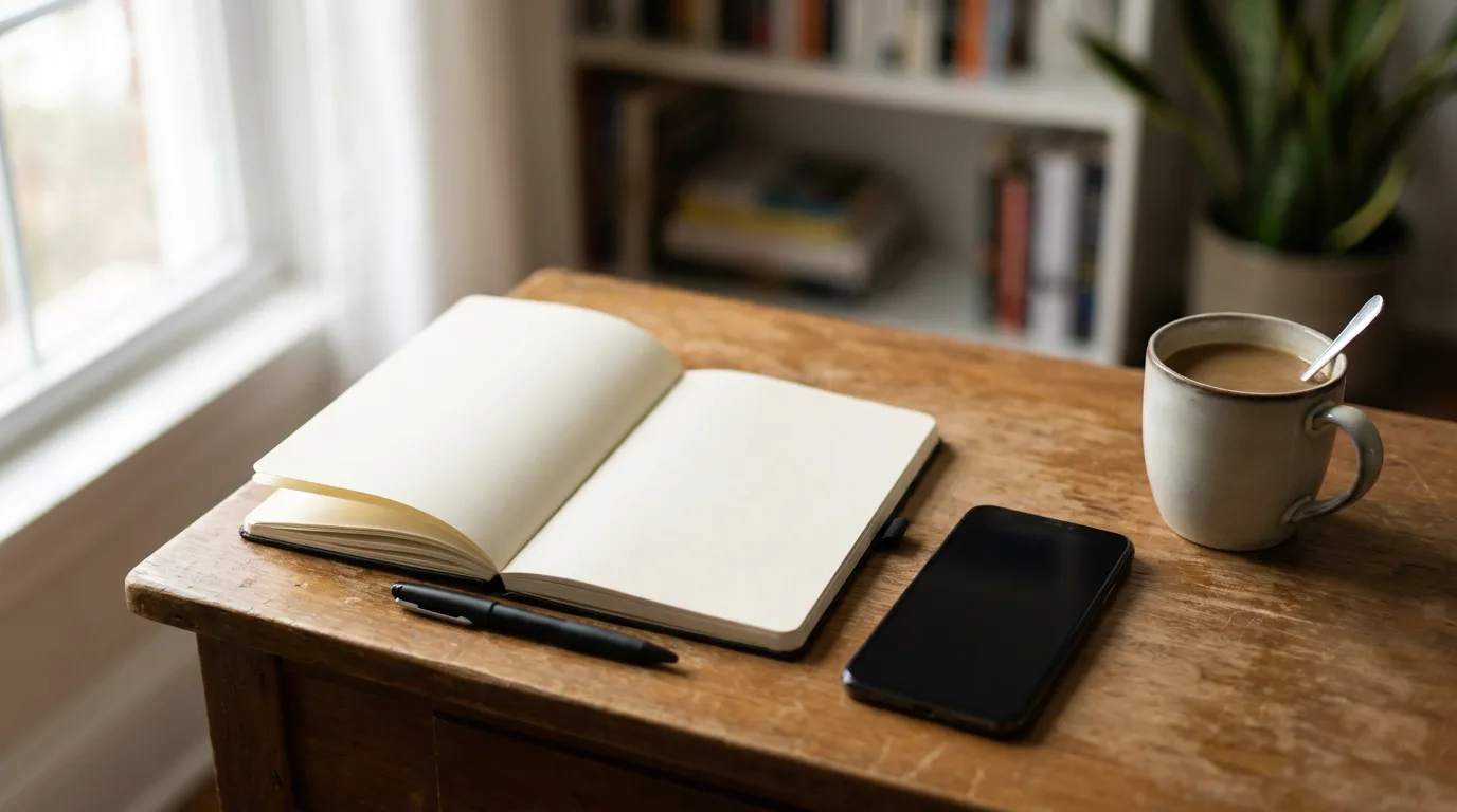 An open notebook, pen, and phone on a desk for keeping a parenting log