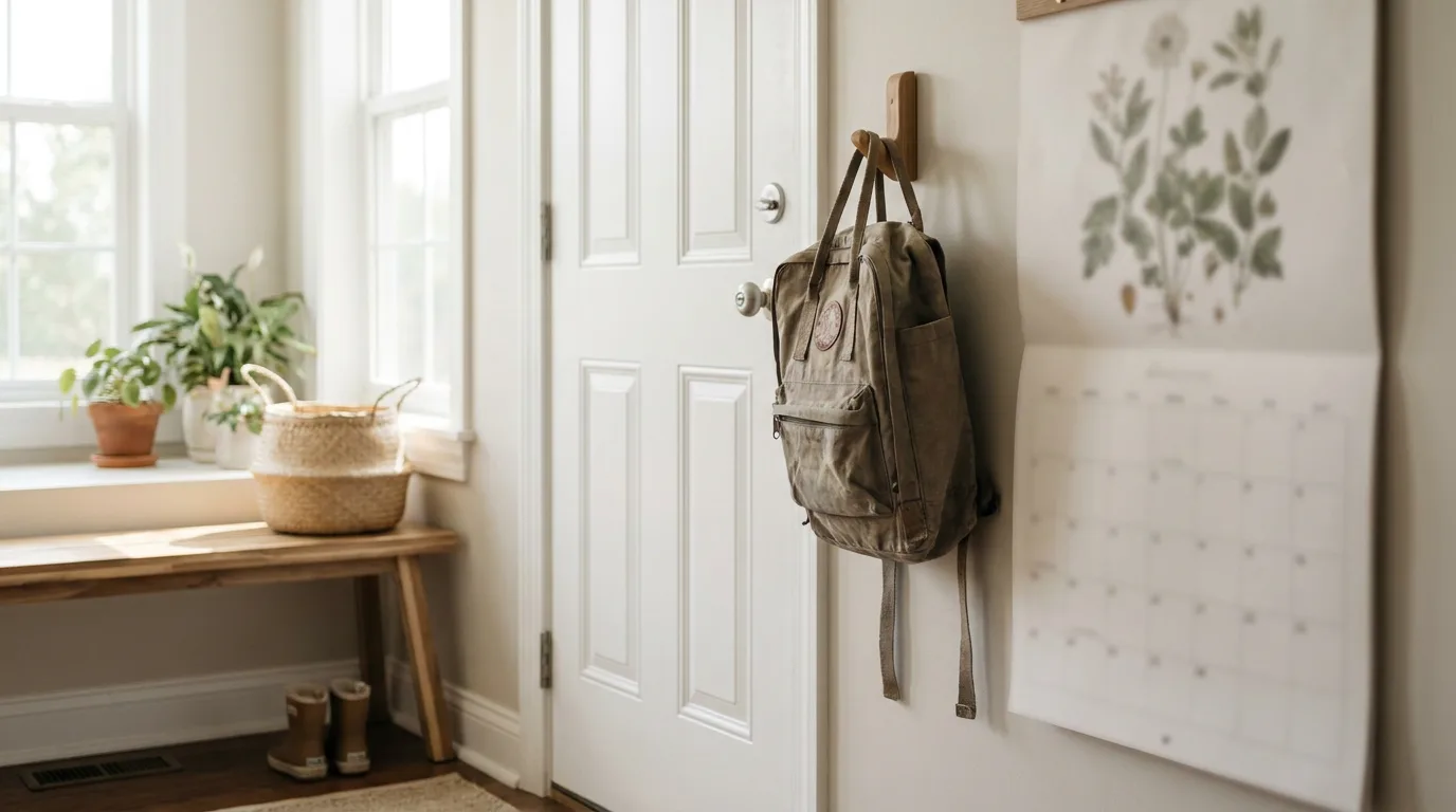 A wall calendar and a child's backpack near a home's front door