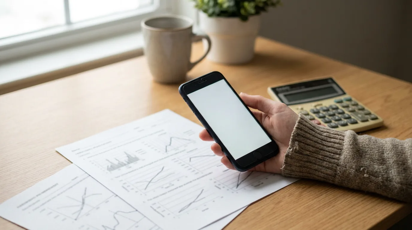 A hand holding a phone beside a printed worksheet and calculator on a desk