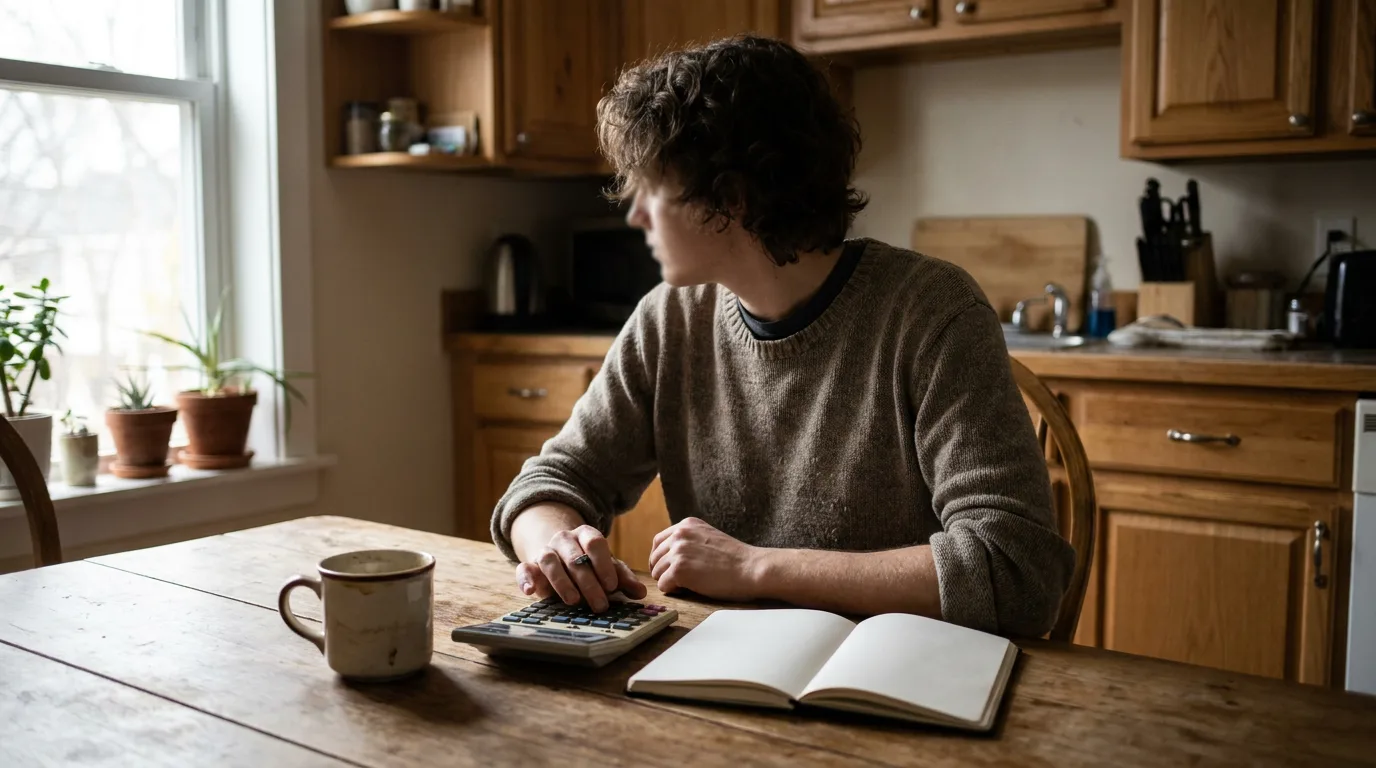 A parent at a kitchen table reviewing paperwork and a calculator in soft morning light