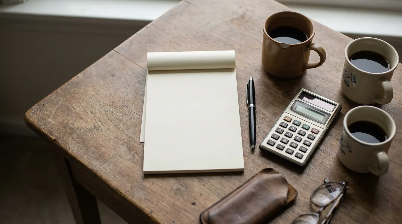 An overhead view of a notepad, pen, calculator, and two coffee cups on a wooden desk
