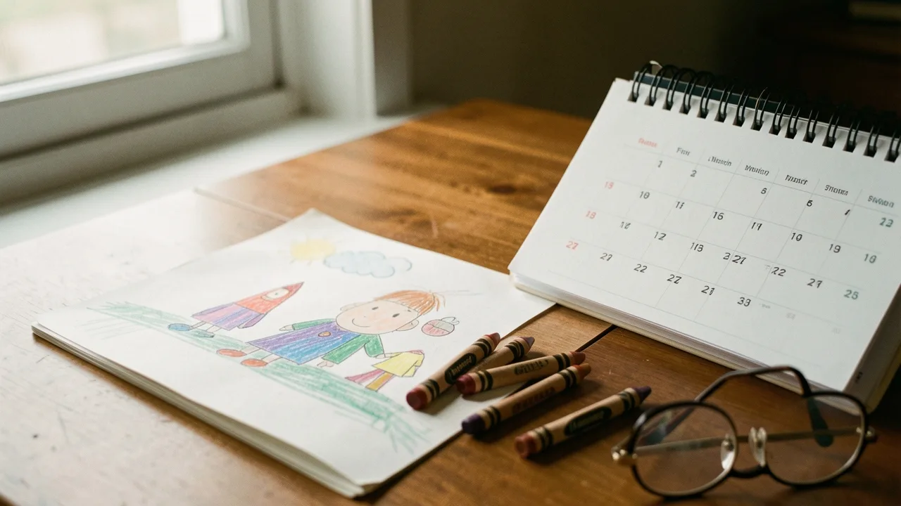 A child's drawing and crayons beside a parent's calendar and reading glasses on a table