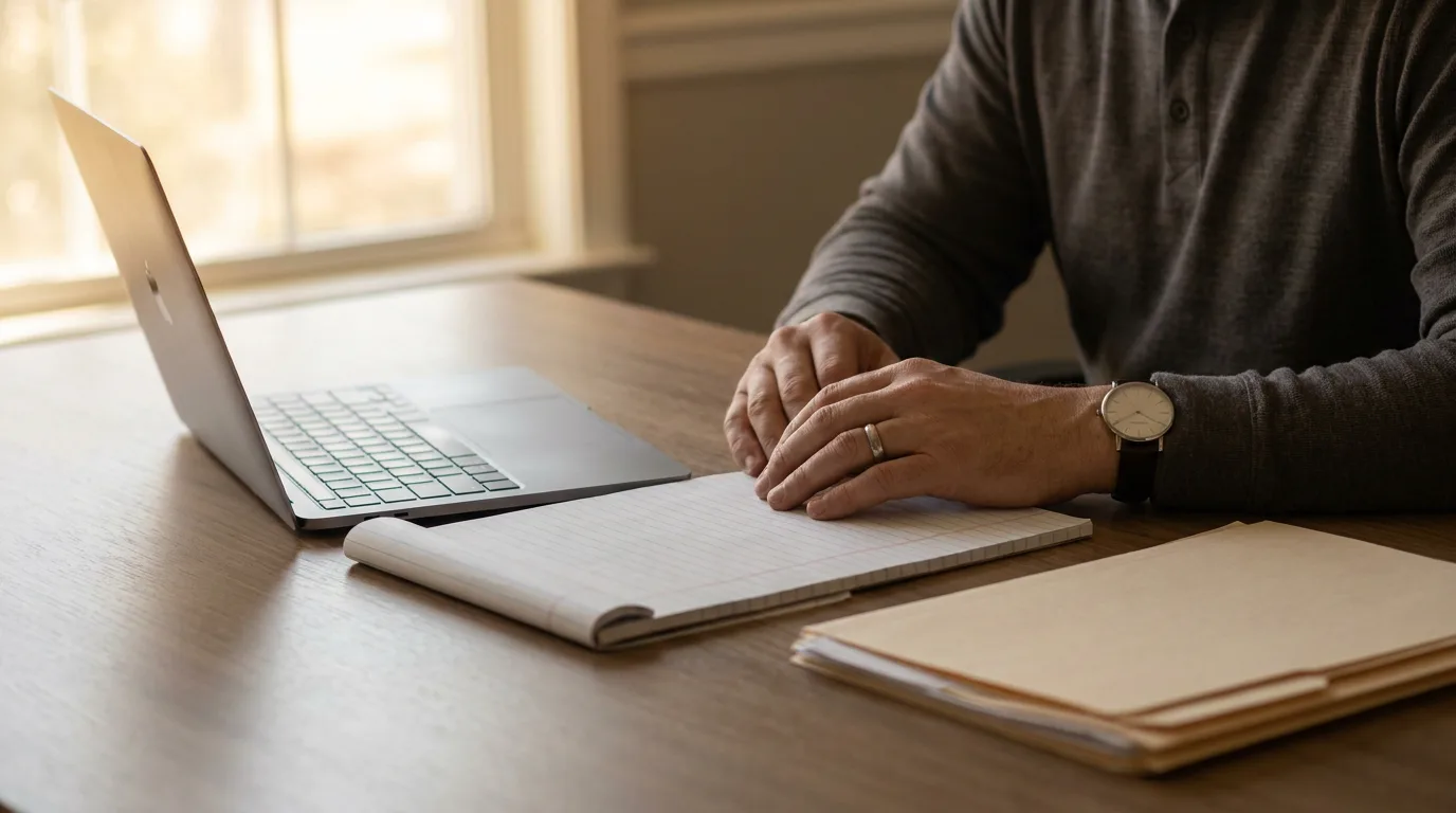 A professional's hands on a legal notepad beside a laptop and folders on a tidy desk