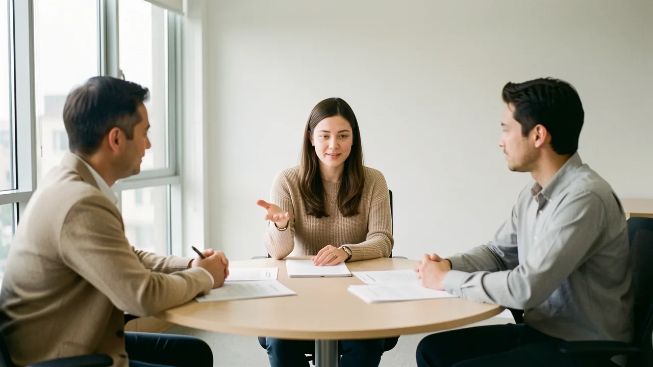 Three people meeting around a small table with a facilitator reviewing shared papers in a bright office