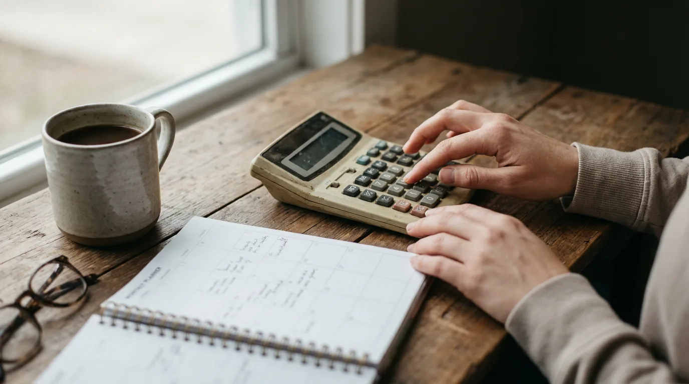 Hands using a calculator beside a calendar on a wooden desk in soft light