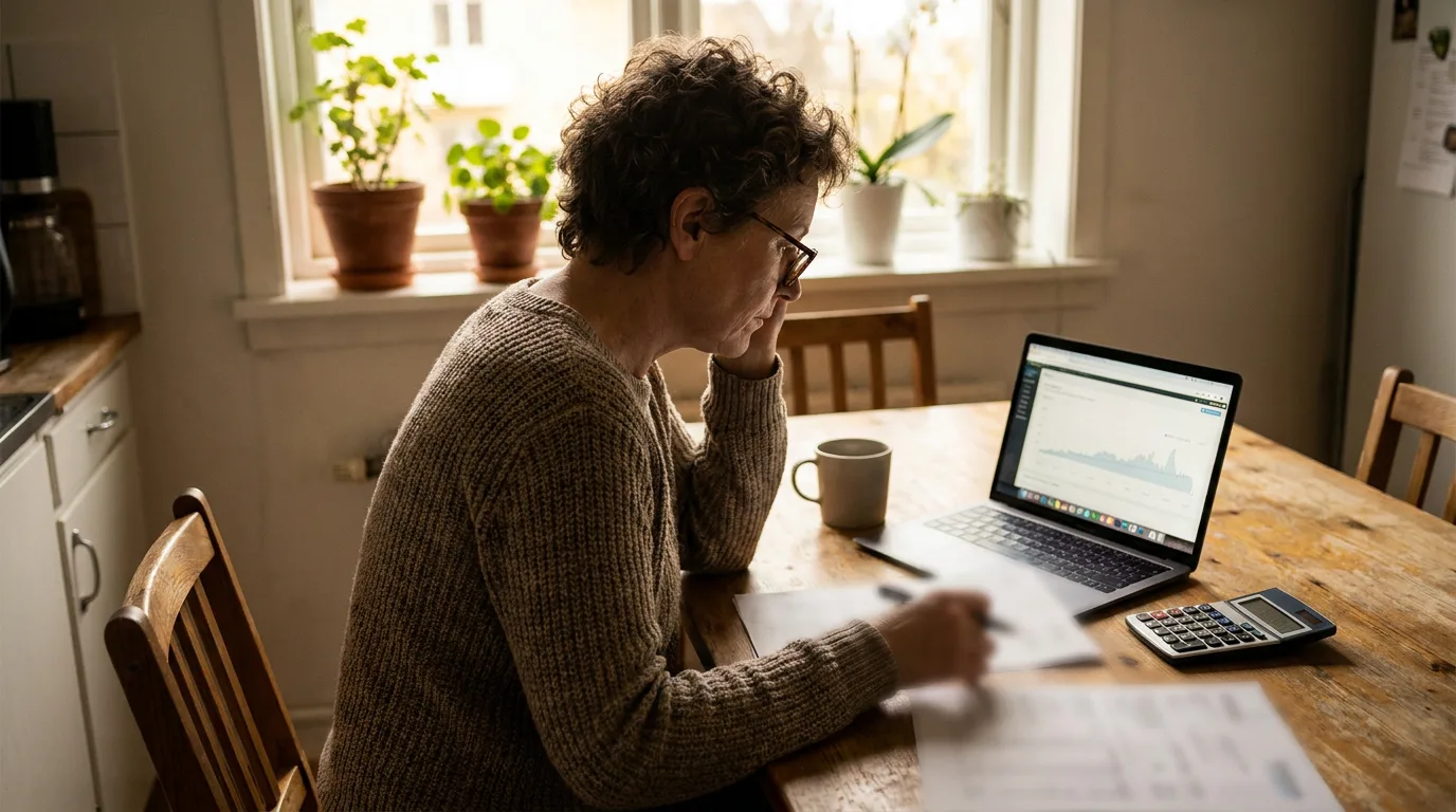 A parent sitting at a kitchen table reviewing paperwork and a calculator in soft morning light