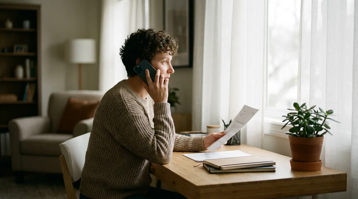 A parent making a phone call while holding paperwork in a calm home office