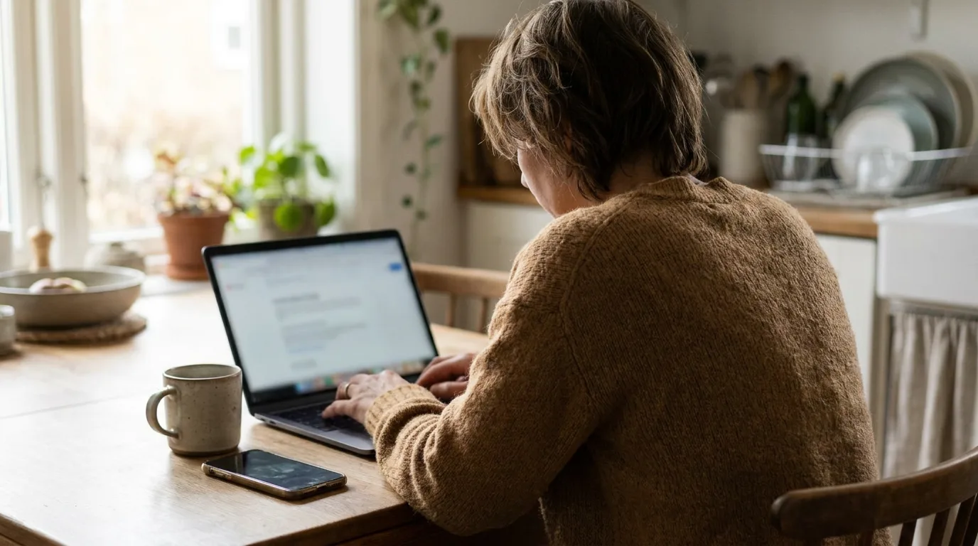 A parent making an online payment on a laptop at a kitchen table in soft morning light