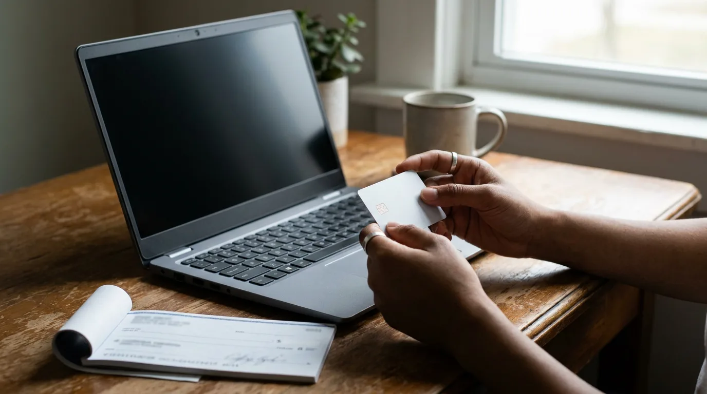 Hands holding a debit card beside a laptop and checkbook on a desk in soft daylight