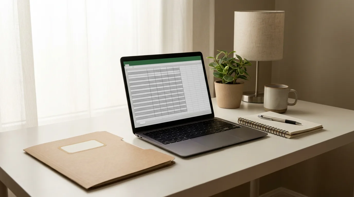 A tidy desk with a laptop, folder, and notebook used to track payment records in soft daylight