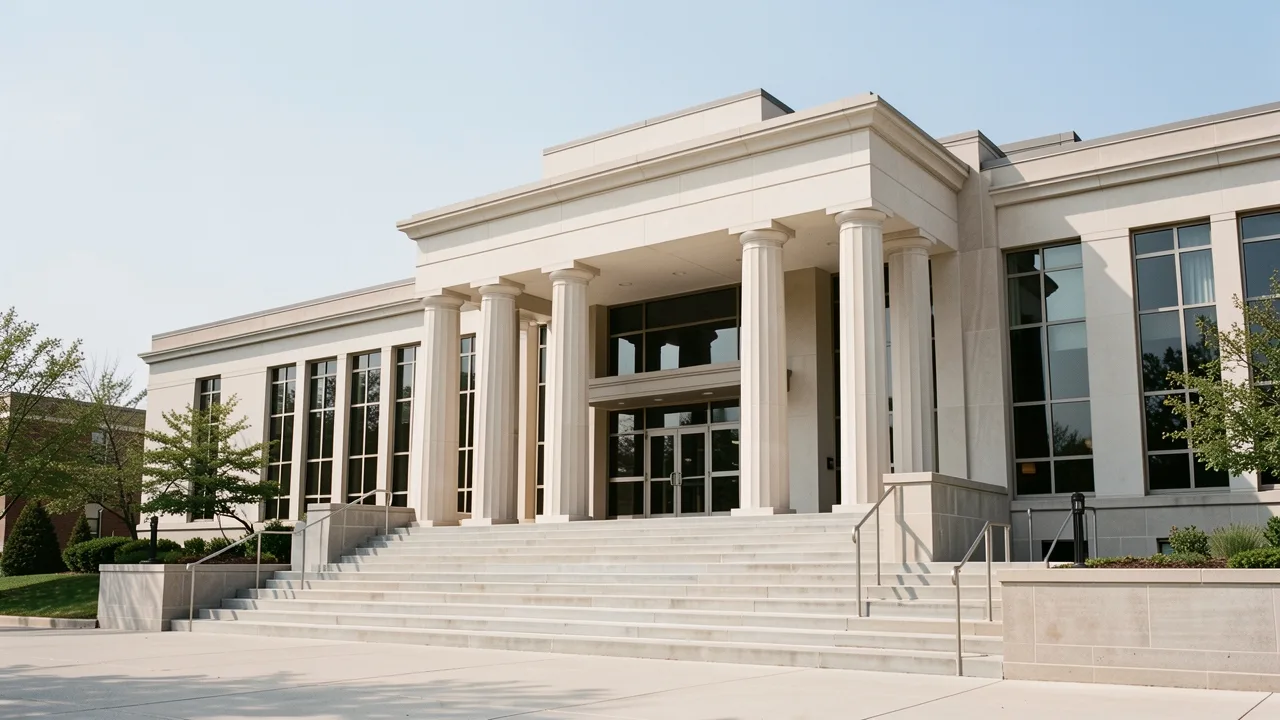 A calm, modern courthouse exterior on a clear day