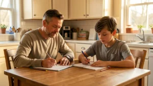 A stepparent and child doing homework together at a kitchen table in warm afternoon light