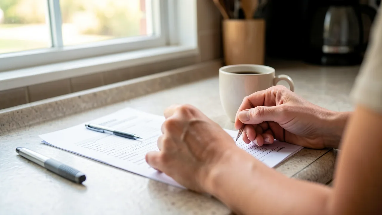 An adult's hands filling out a school form at a kitchen counter in morning light