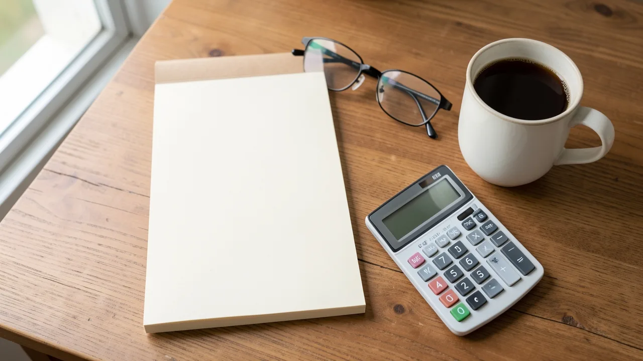 A blank notepad, calculator, glasses and coffee on a desk in natural light